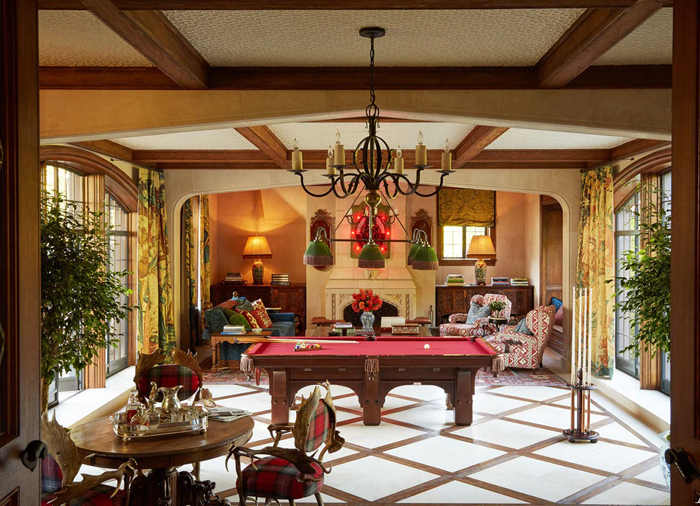 Pool table light hanging over custom pool table