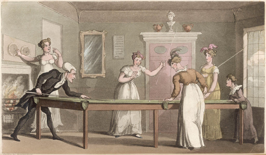 Regency ladies playing snooker with a parson in a billiard room